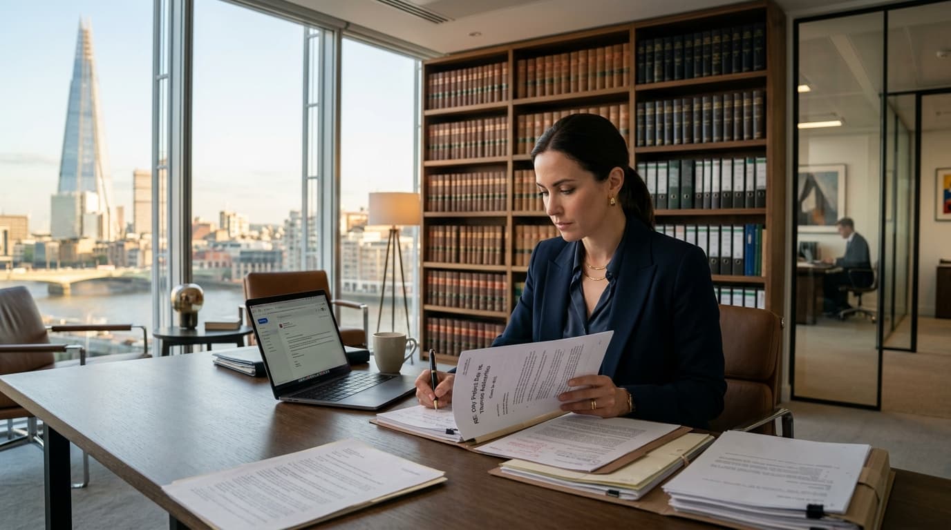 Experienced lawyer reviewing case briefs in modern law firm